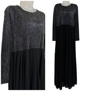 Formal Black Metallic Evening Shiny Wedding Long Sleeved Maxi Gown Silver Dress